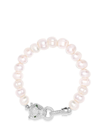 Nialaya Women's Beaded Bracelet Women's Pearl Bracelet with Silver Panther Head